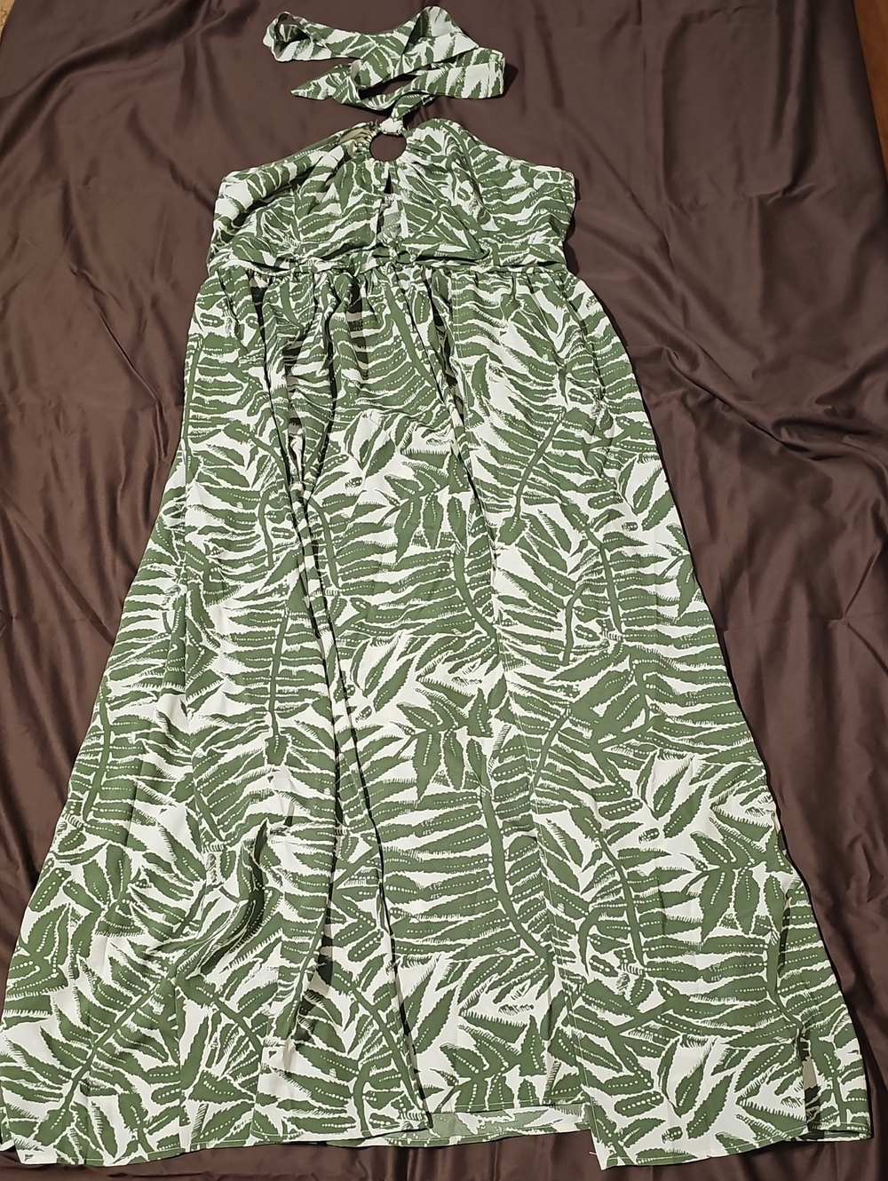 Green and White Leaf Halter Maxi Dress with Double side Splits